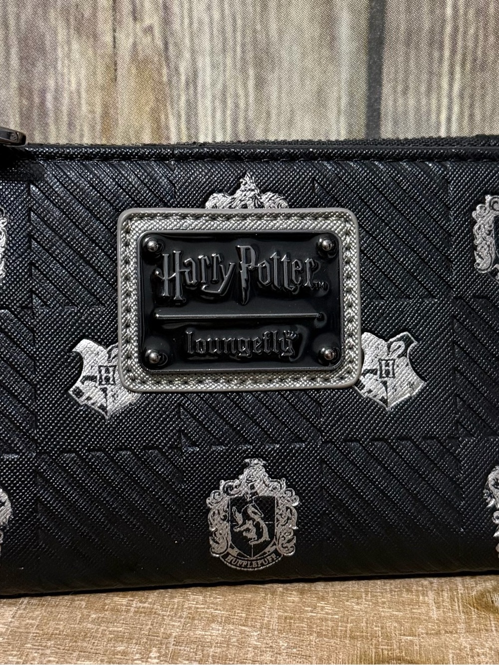 Loungefly Harry Potter Black Crest Zip Around Wallet with Silver Accents